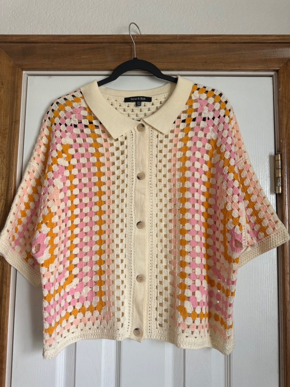 Button-Up Crochet Cardigan in Cream, Pink & Pumpkin